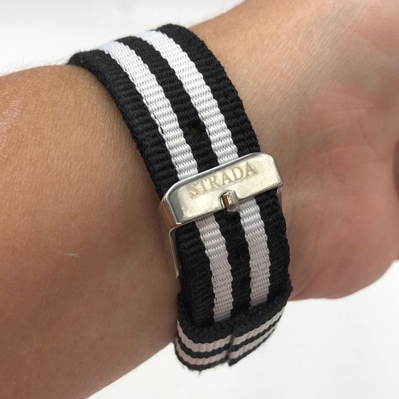 Black/White striped Strada wristwatch with silver framed clock face and hardware - Picture 2 of 4